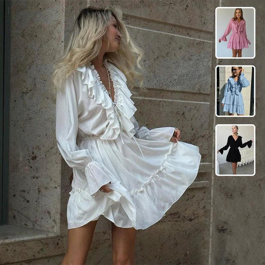 V Neck Pleated Ruffle Dress - Y2K Flared Sleeve Short Dress