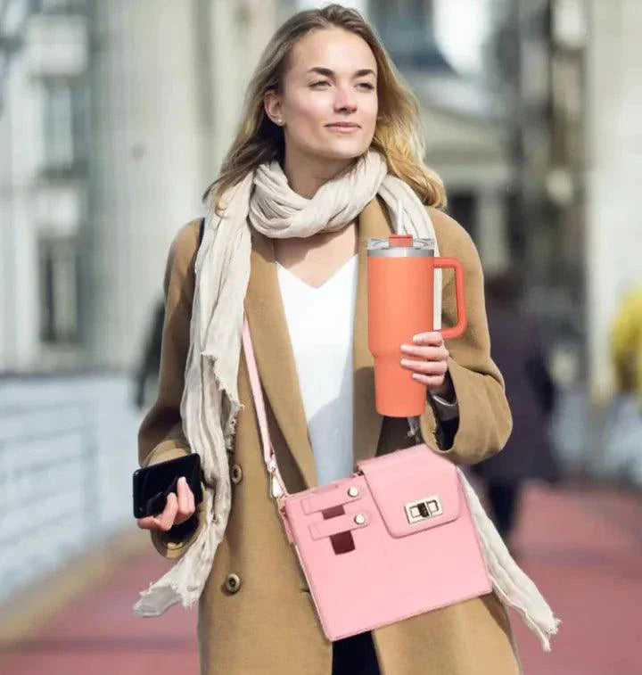 Mandotos CarryEasy Beverage Pouch PU Leather Portable Bottle Bag With Soft Lining And Open Pocket Pink