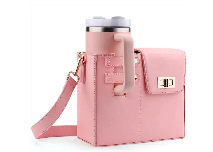 Mandotos CarryEasy Beverage Pouch PU Leather Portable Bottle Bag With Soft Lining And Open Pocket Pink