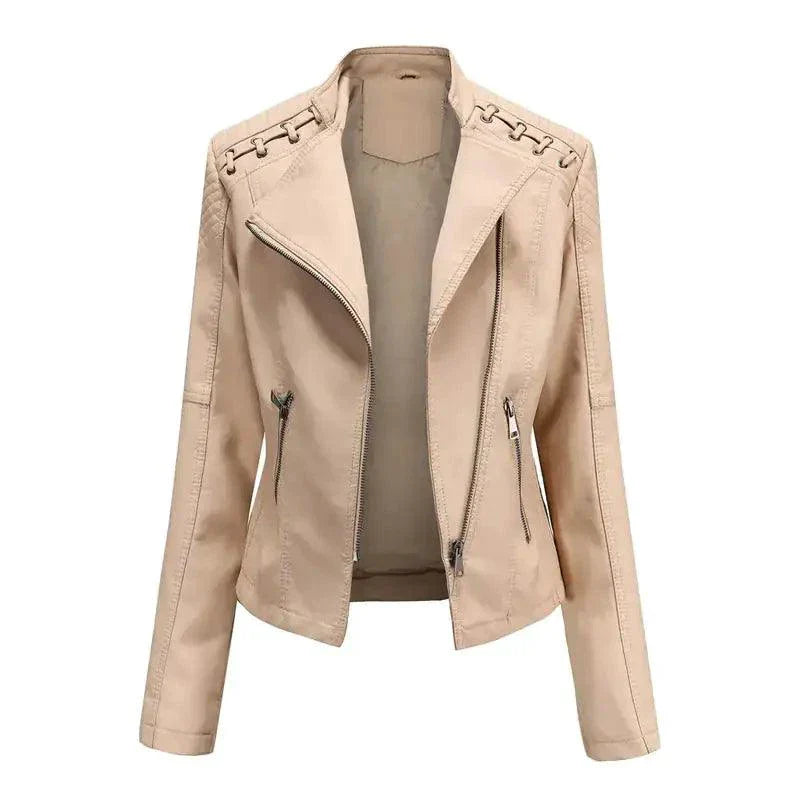 Mandotos Chic Feminine Black Leather Coat With Zipper Pockets And Biker Style Details