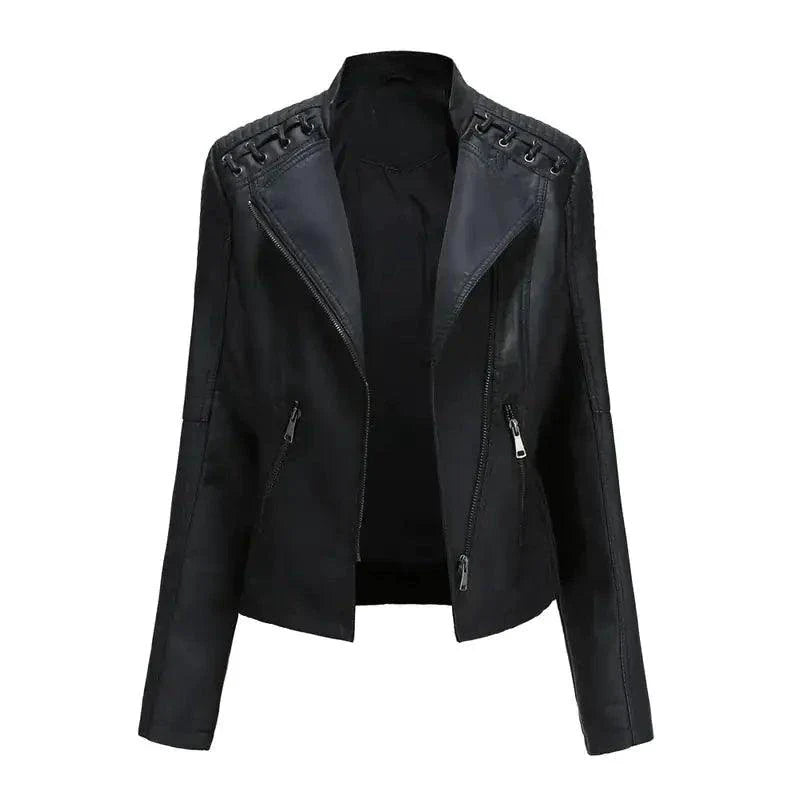 Mandotos Chic Feminine Black Leather Coat With Zipper Pockets And Biker Style Details