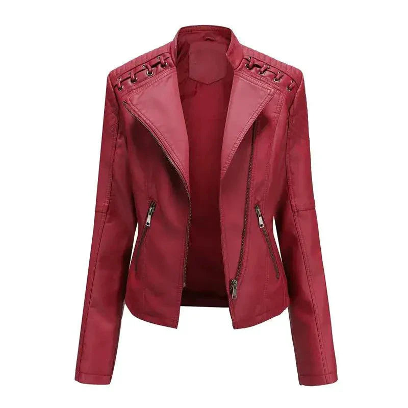 Mandotos Chic Feminine Black Leather Coat With Zipper Pockets And Biker Style Details