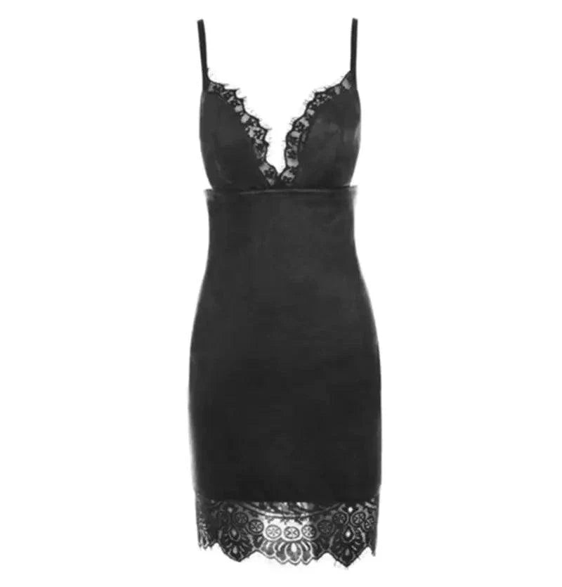 MANDOTOS Bodycon PU Leather Mini Dress Deep V Neck Spaghetti Straps Lace Patchwork Size S To XL Black