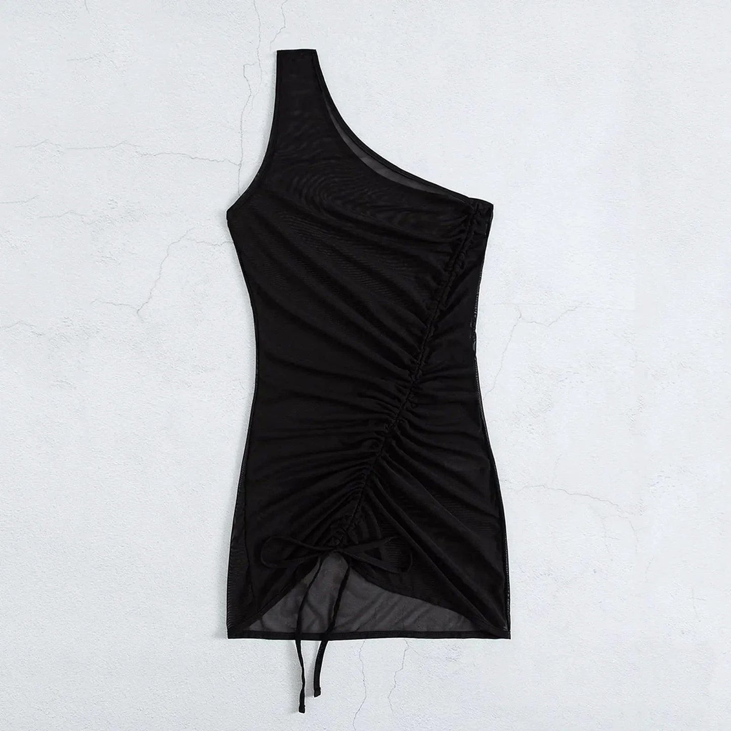 Mandotos Chic Black Mesh One Shoulder Beach Cover Up With Sheer Panels For Swimwear