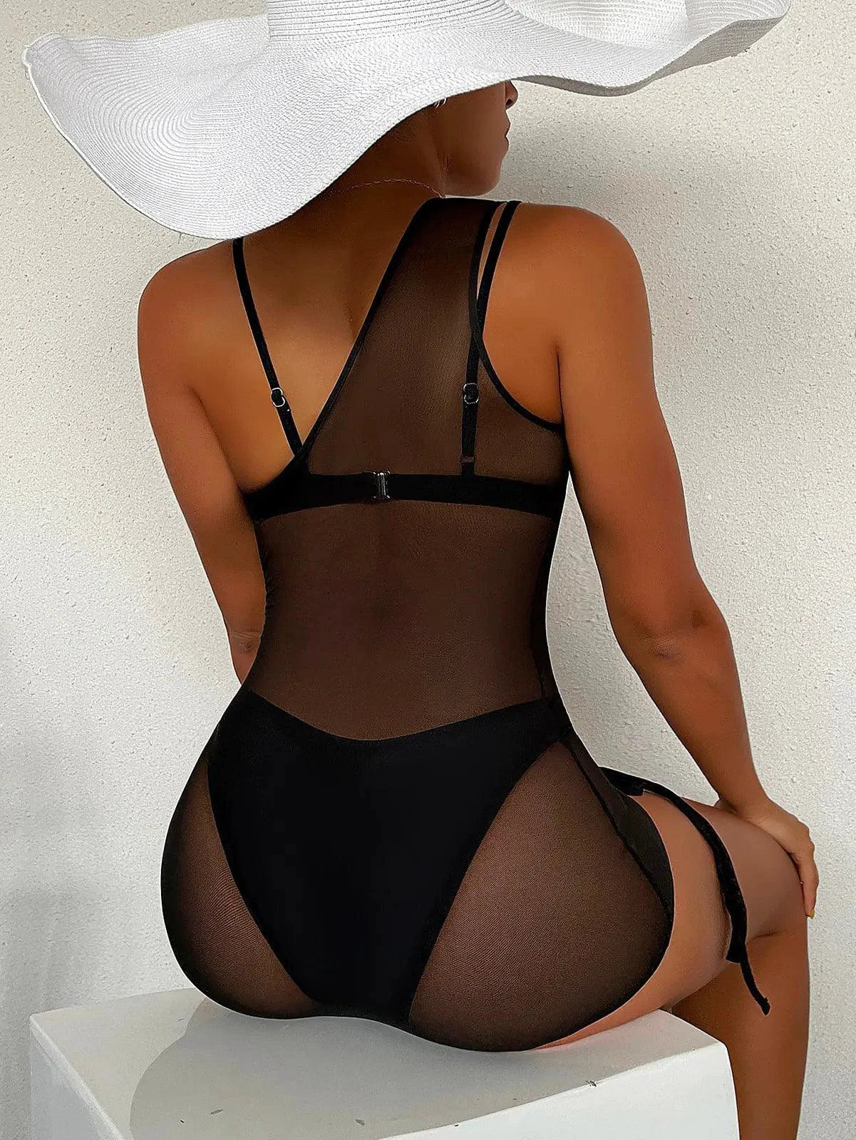Mandotos Chic Black Mesh One Shoulder Beach Cover Up With Sheer Panels For Swimwear