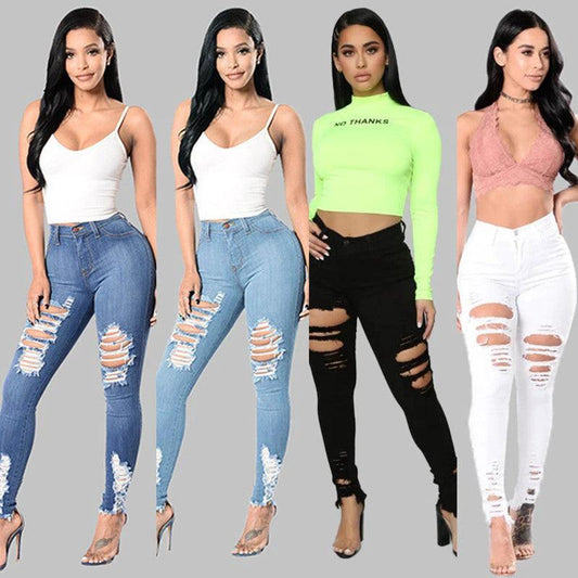 Denim Pencil Pants Slim Long Trousers Ripped Hole Stretch Feet Pants Female