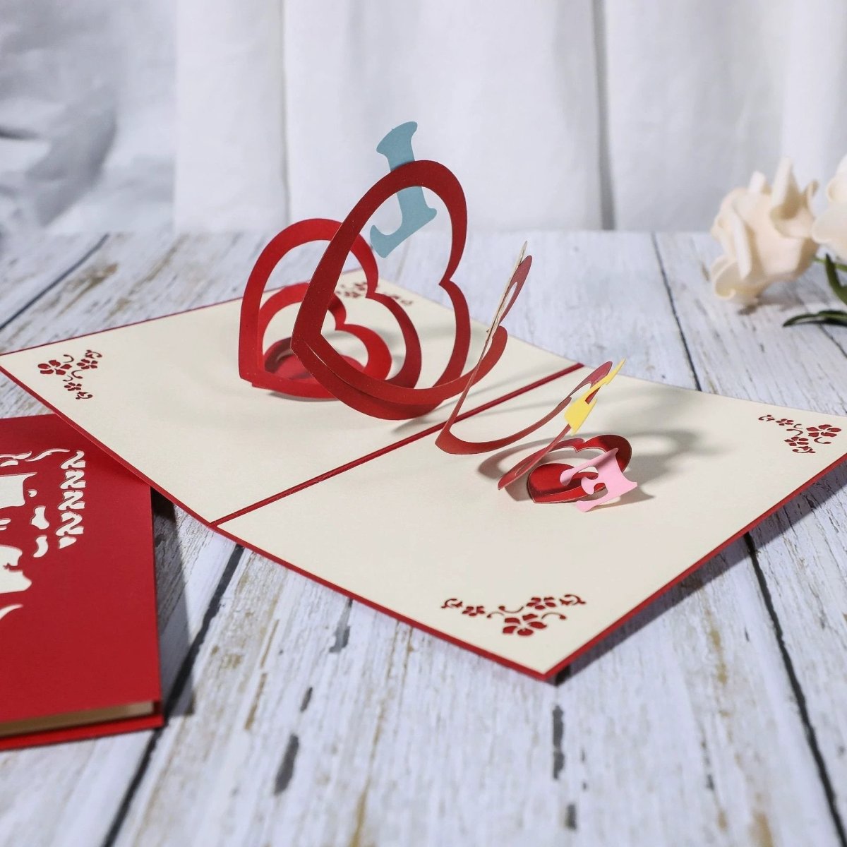 3D Laser-Cut Engagement Card: Red Heart & Romantic Silhouette
