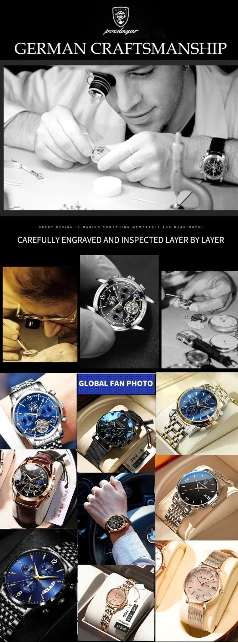 POEDAGAR Men's Square Chronograph Watch - Luminous Waterproof Stainless Steel Quartz Wristwatch