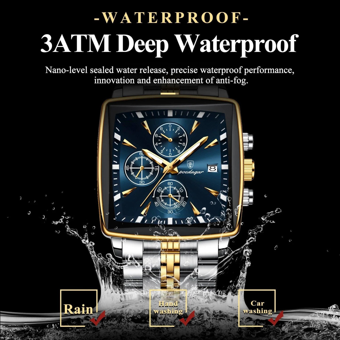 POEDAGAR Men's Square Chronograph Watch - Luminous Waterproof Stainless Steel Quartz Wristwatch