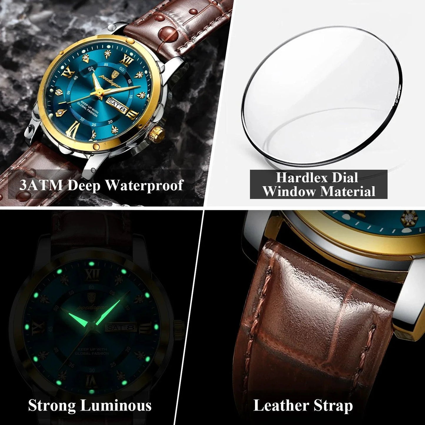 POEDAGAR Waterproof Leather Men's Quartz Watch