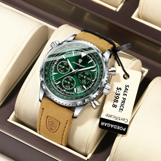 POEDAGAR Men's Luxury Quartz Chronograph Watch - Waterproof, Luminous, Leather - Military Sports Style
