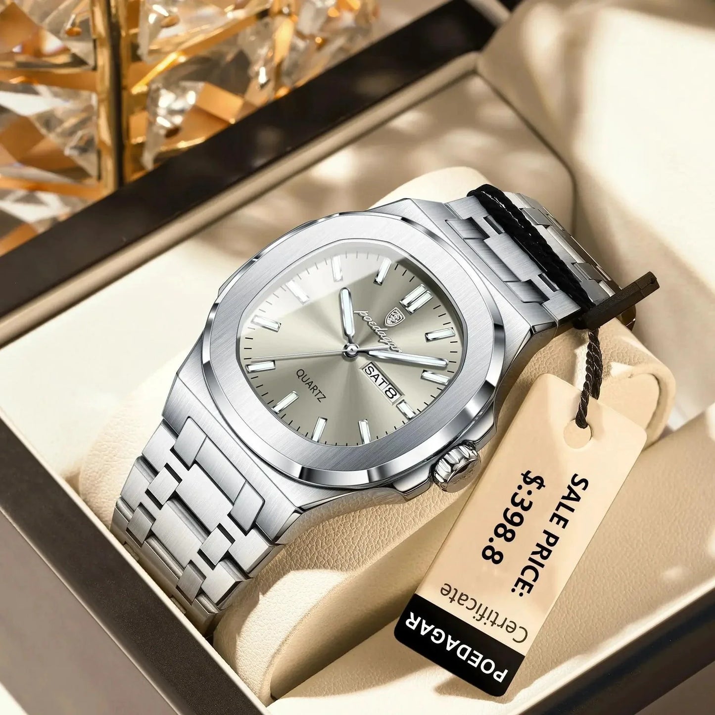 POEDAGAR Military Square Watch for Men - Waterproof, Luminous, Date & Week Display, Stainless Steel Quartz