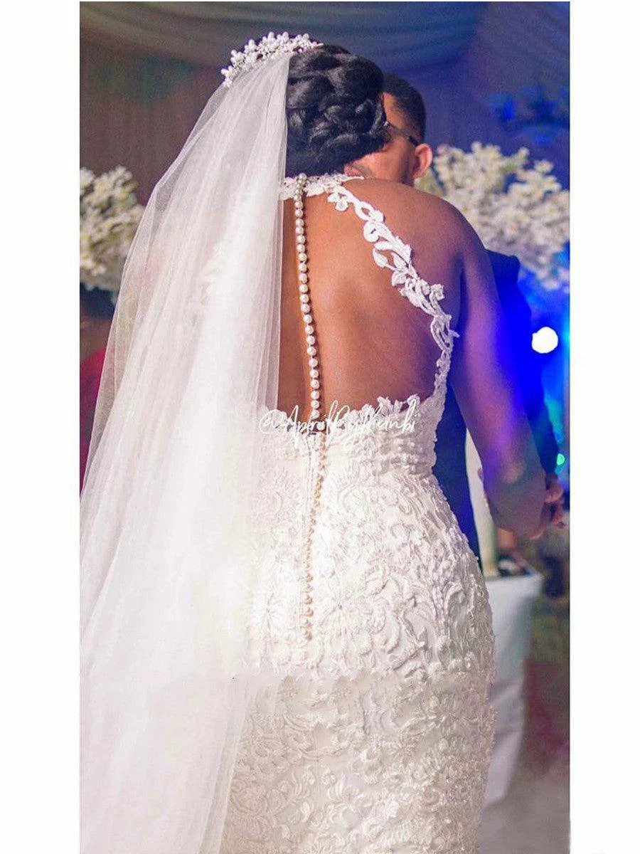 Vintage Lace Beaded Mermaid Wedding Dress - Sheer Neck Bridal Gown